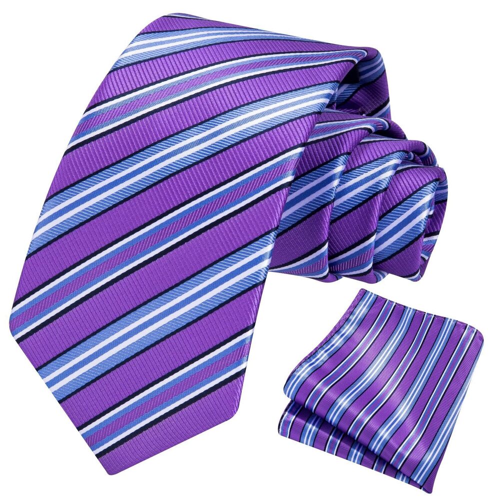 1290 Tie Purple Blue Stripe Ties with Pocket Square Set Business Formal